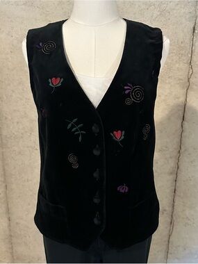 European 90s Vintage Black Velvet Embroidered Vest Dark Academia Size Small